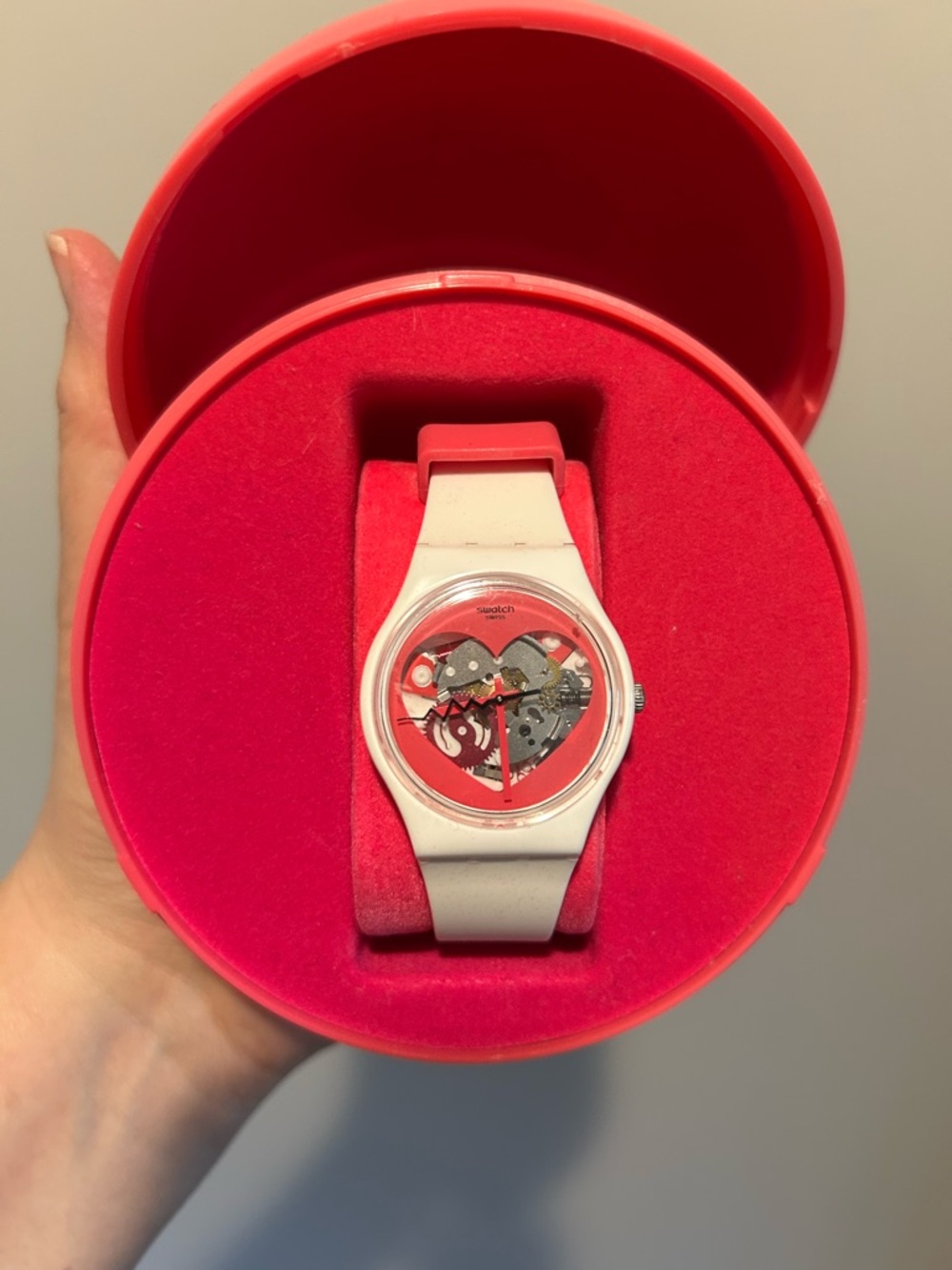 Swatch White Band Watch with Red Skeleton Heart Dial